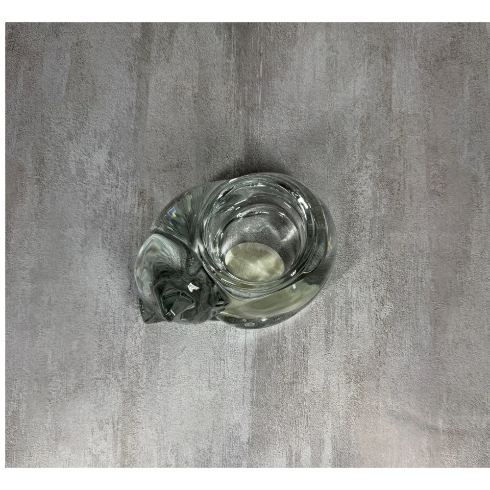 Vintage Cat Votive Holder Crystal Glass Sleeping Feline Tea Light Made USA 90s